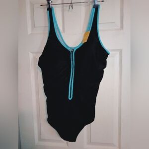 Women’s Black One-Piece Swimsuit with Aqua Trim and Front Zip-Size 18+